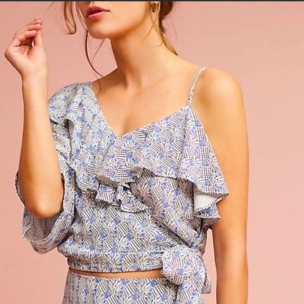 Asymmetrical Ruffle Pineapple Print Blouse